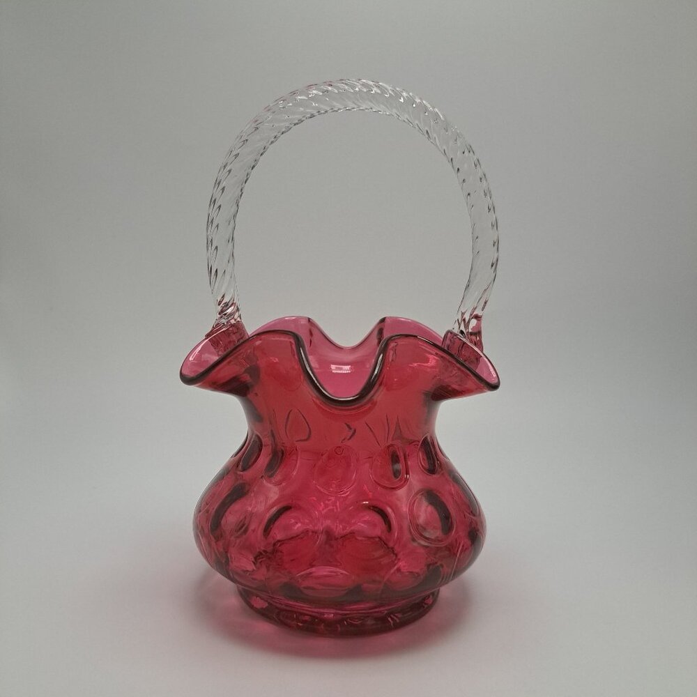 Fenton Cranberry Pink Coin Dot Basket With Applied Clear Twisted Rope Handle